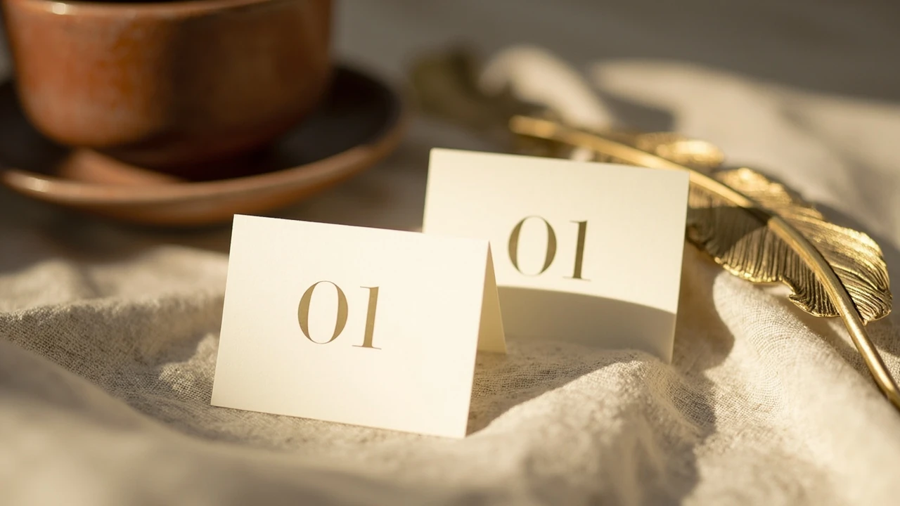 Sequenza 01 01 su un biglietto con penna accanto a una tazza, stile editoriale sobrio